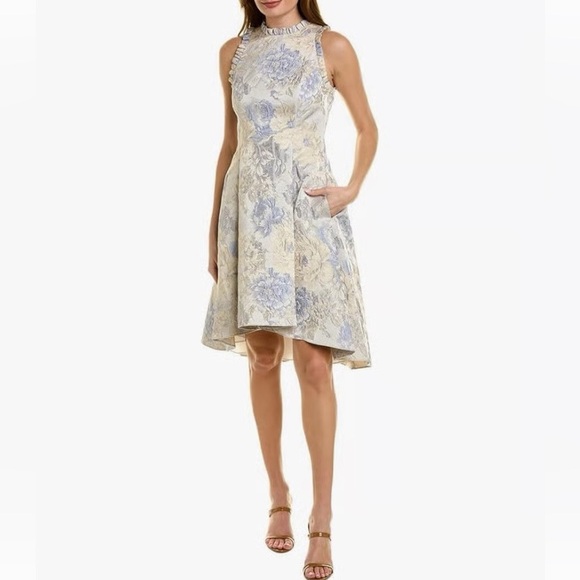 slim fit dress slacks Sleeveless Jacquard Fit And Flare Midi Dress In Blue Multi main image 0